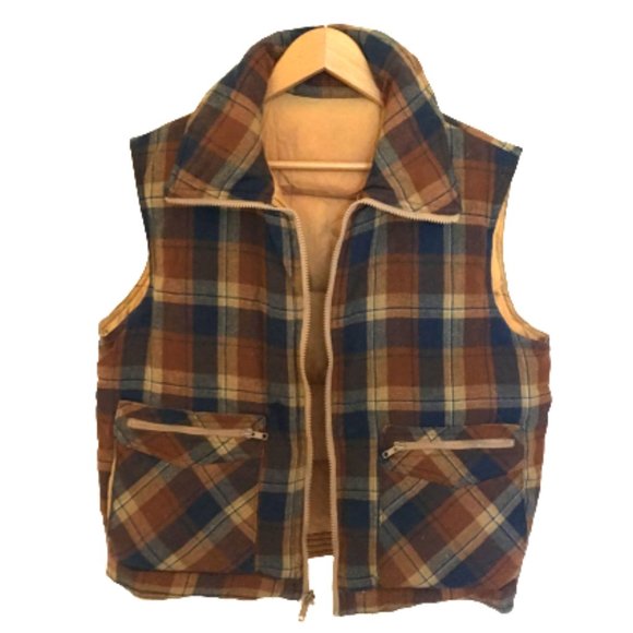 RARE Vintage 70s Plaid Wool Reversible Down Feather Puffer Vest Unisex - Picture 1 of 15